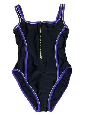 Vtg 90s Speedo Black Zipper Front Aquatic Fitness One Piece Swimsuit 10 Sporty